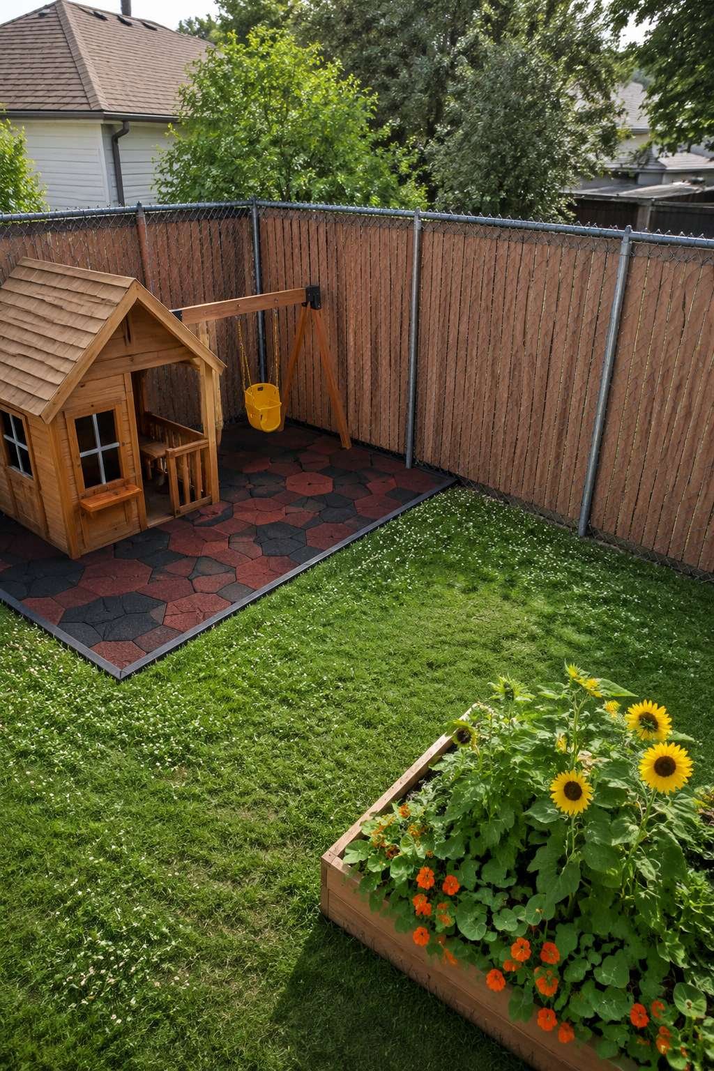 Chain-Link Fence with Woodgrain Privacy Slats
