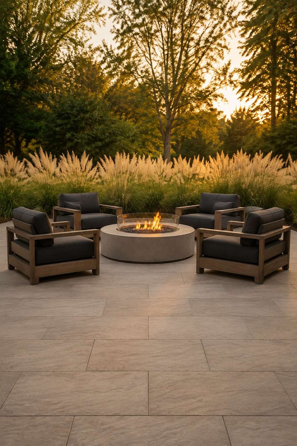 Modern Fire Pit Lounge with Porcelain Pavers