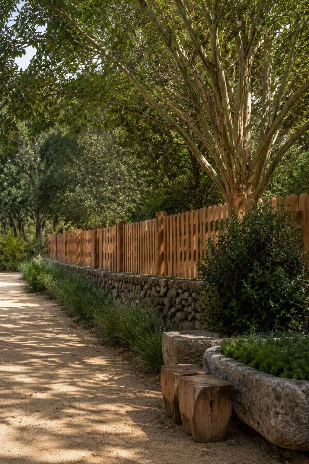 Stone and Wood Combination Fence