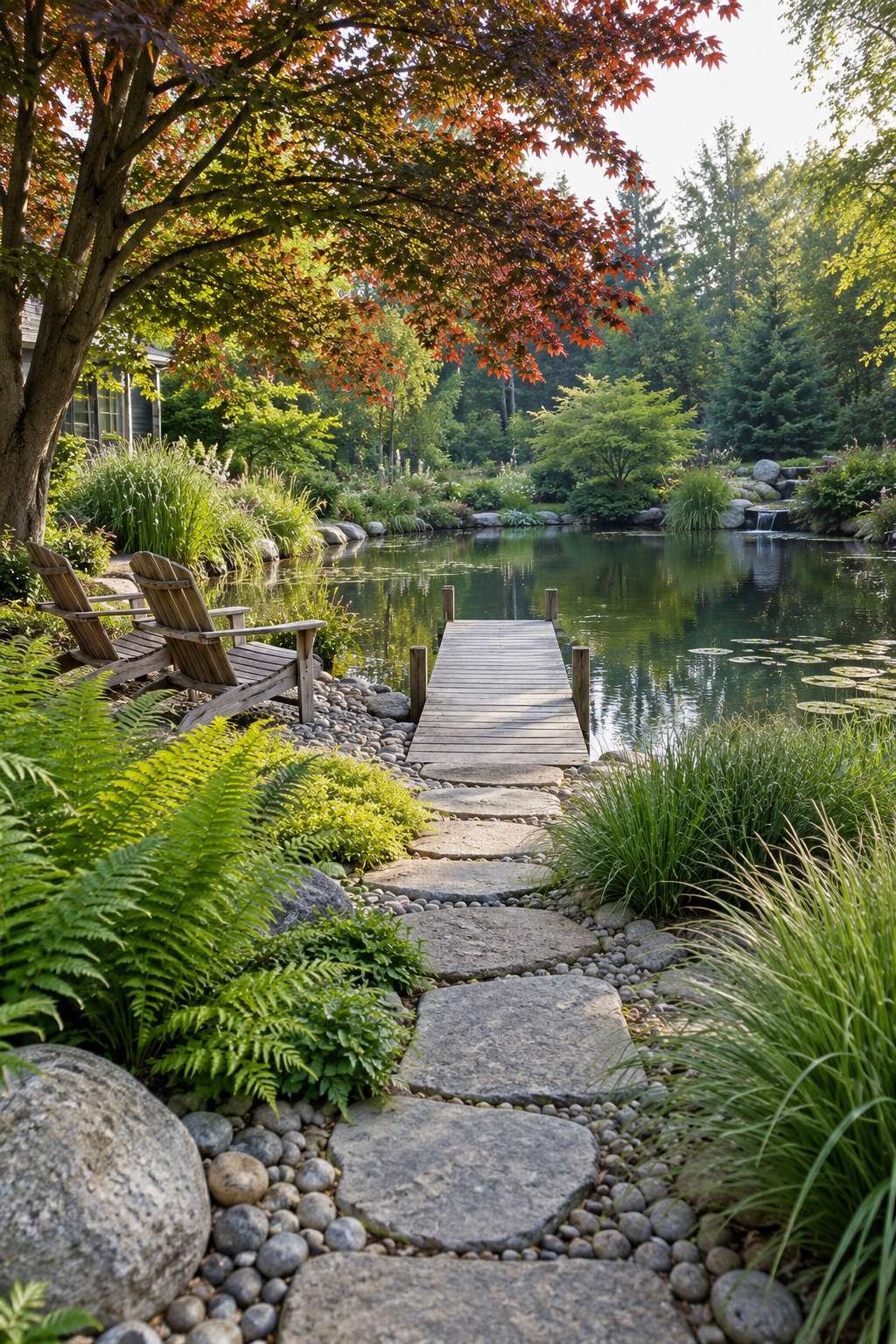 Naturalistic Pond-Side Seating Area