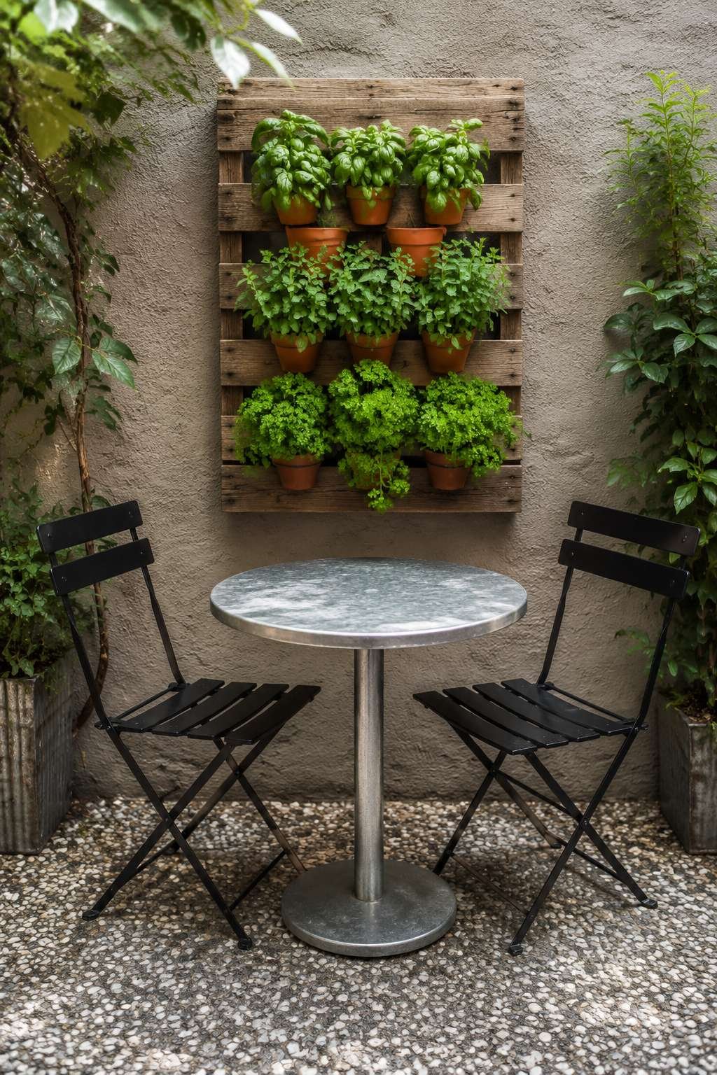 Small-Space Café Patio with Vertical Herb Wall