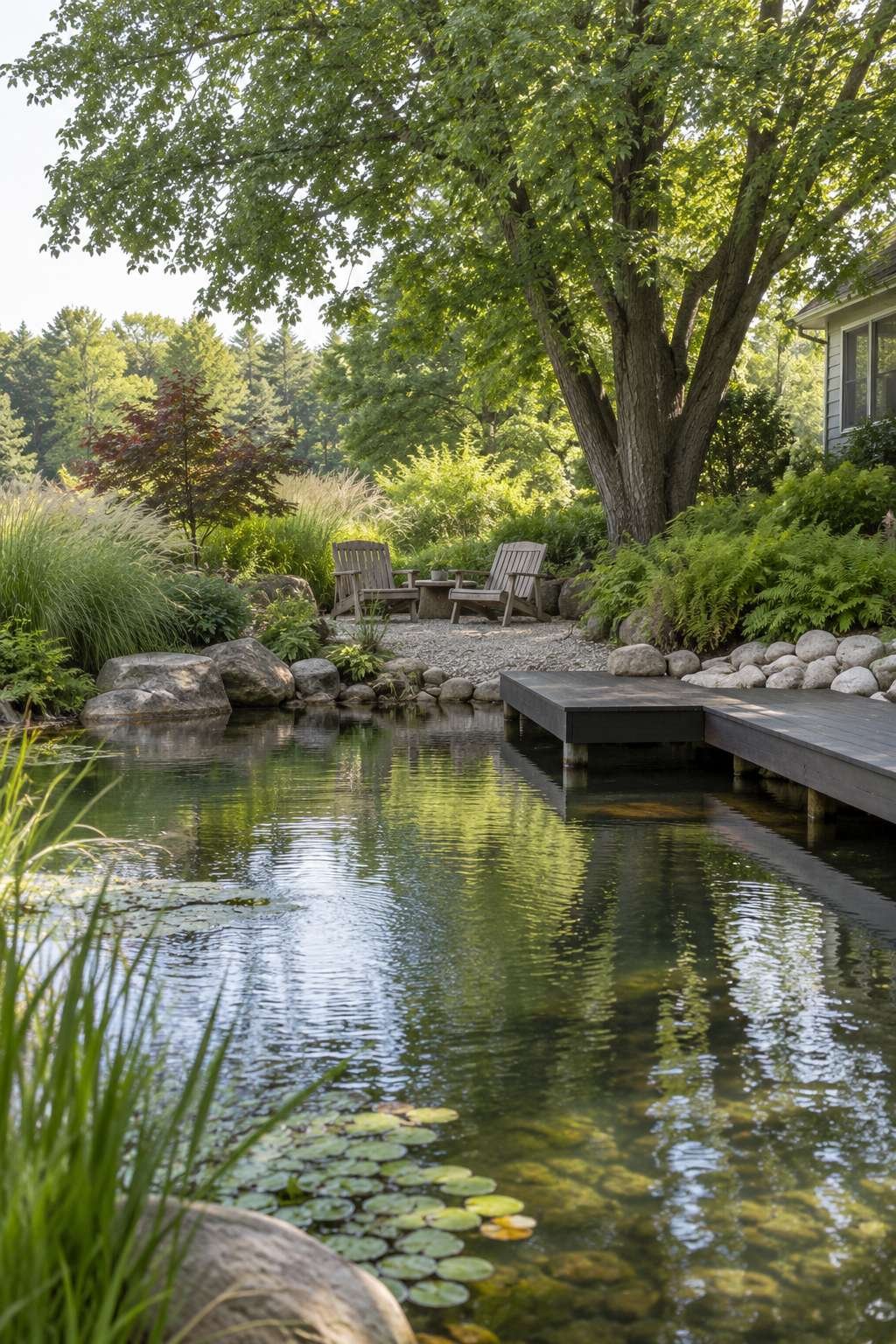 Naturalistic Pond-Side Seating Area
