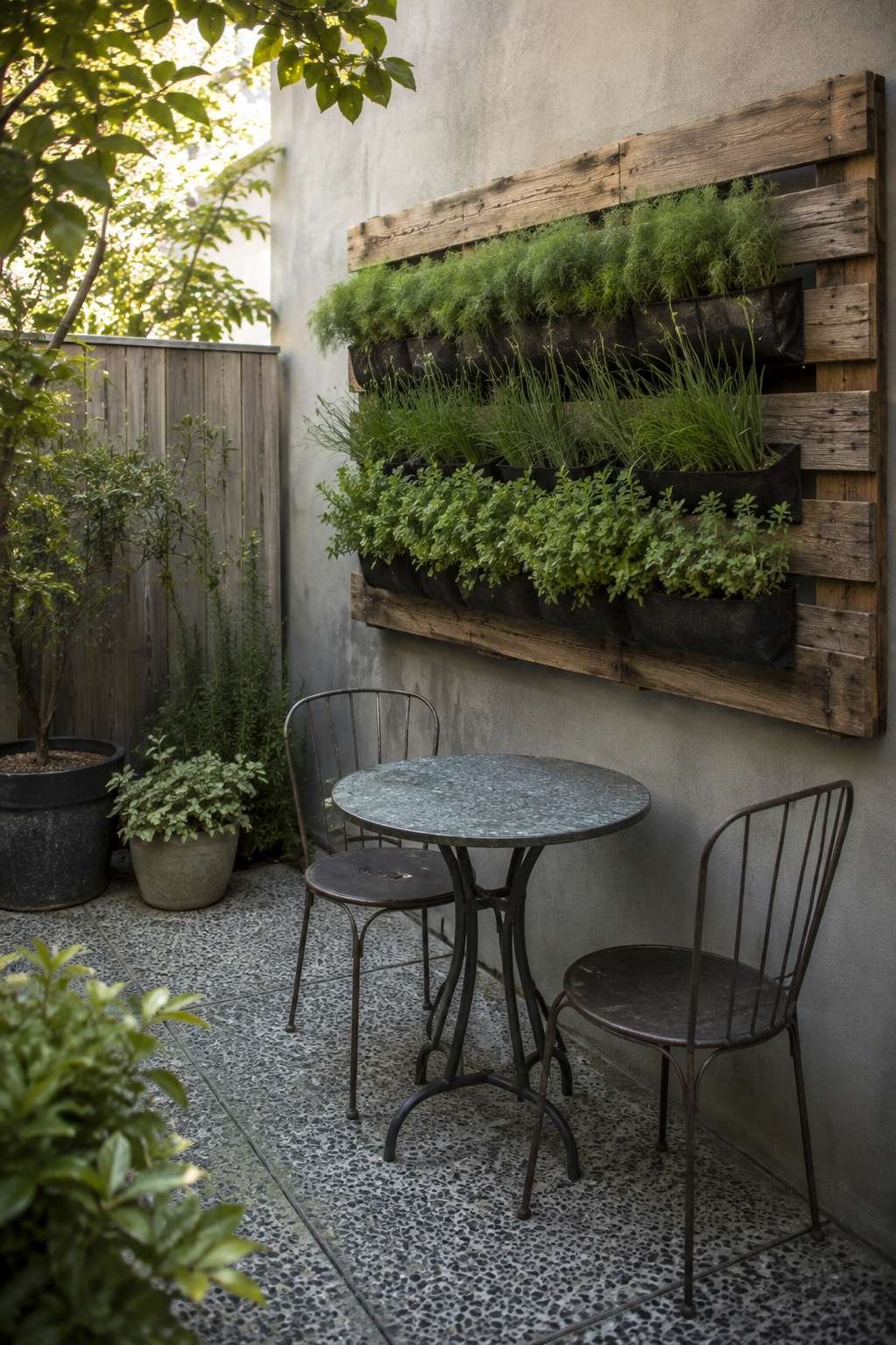 Small-Space Café Patio with Vertical Herb Wall
