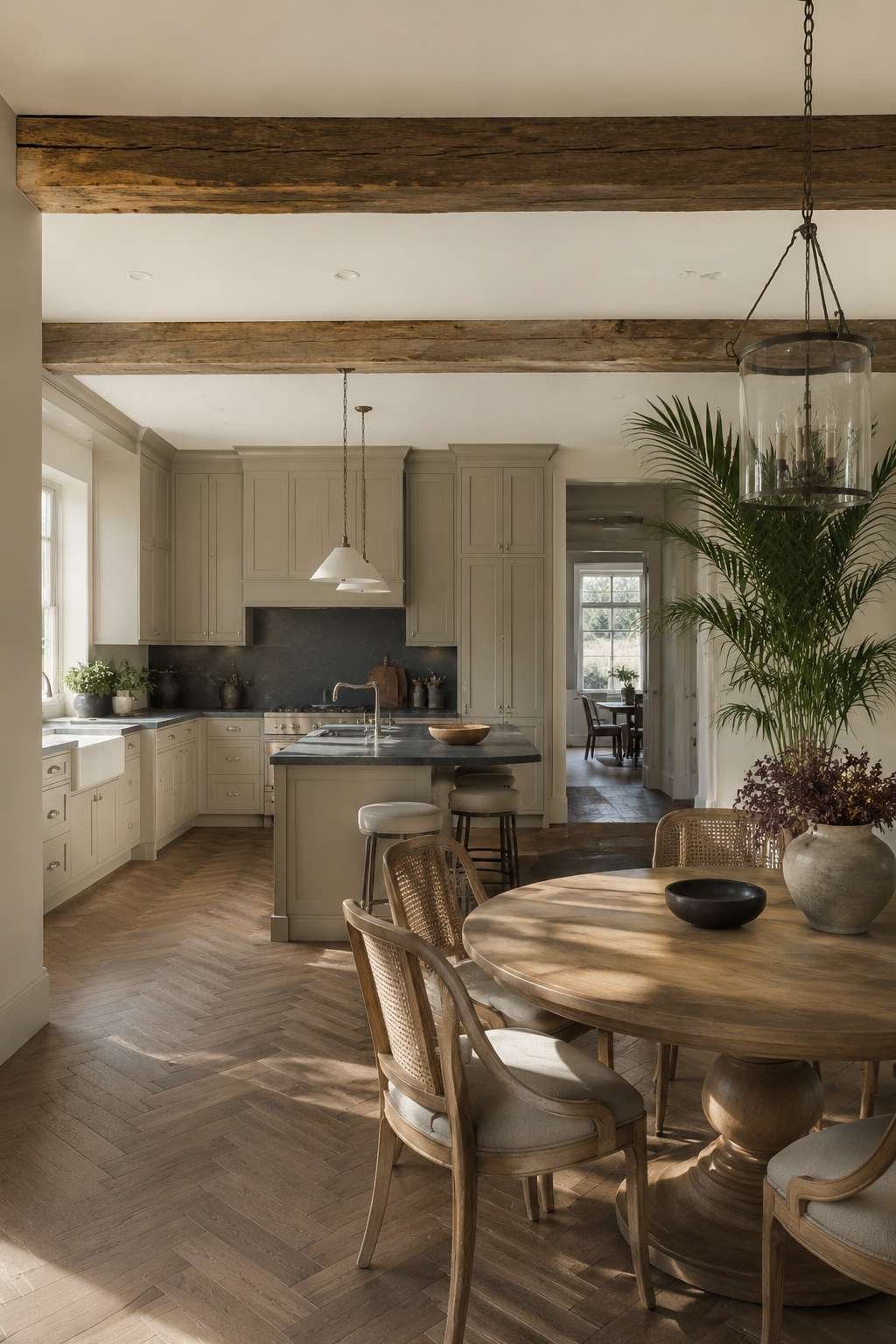 Transitional Open Kitchen With Greige Cabinetry and Exposed Beams