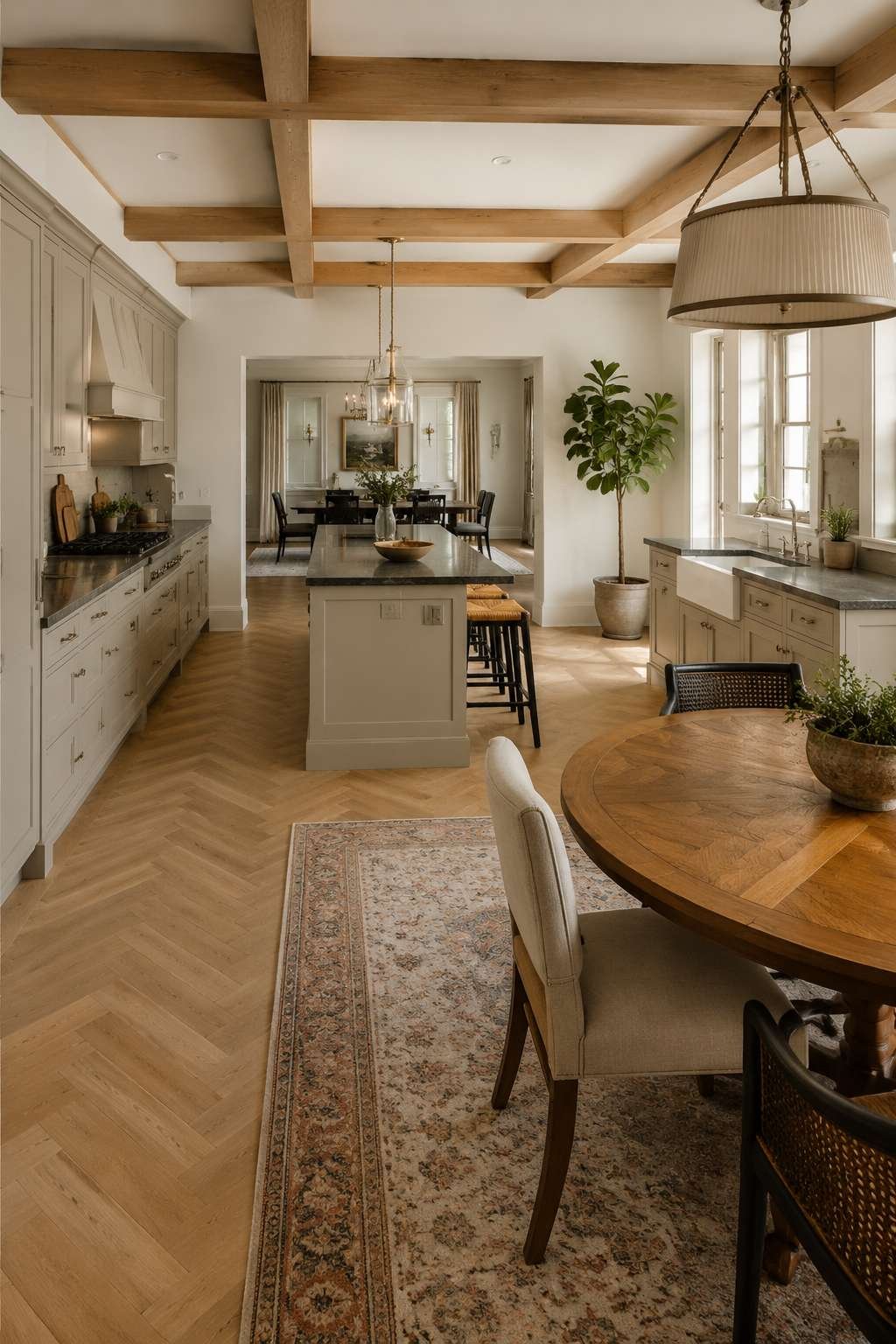 Transitional Open Kitchen With Greige Cabinetry and Exposed Beams