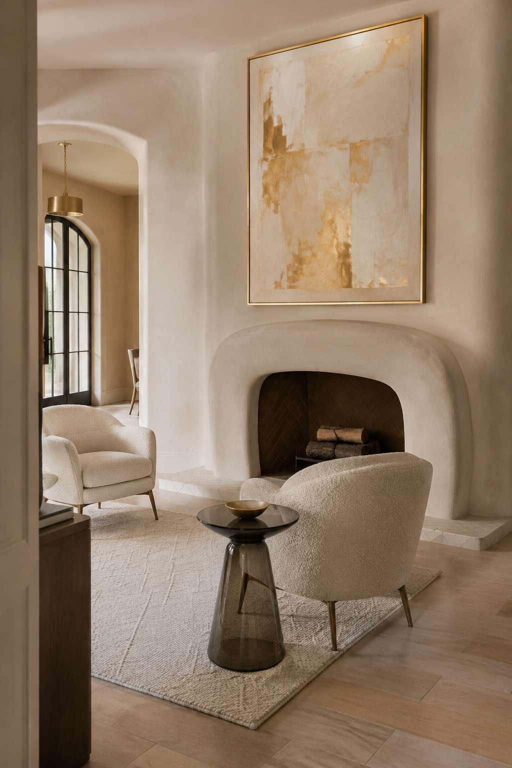 Sculptural Luxury: Plaster Fireplace and Boucle Accent Chairs