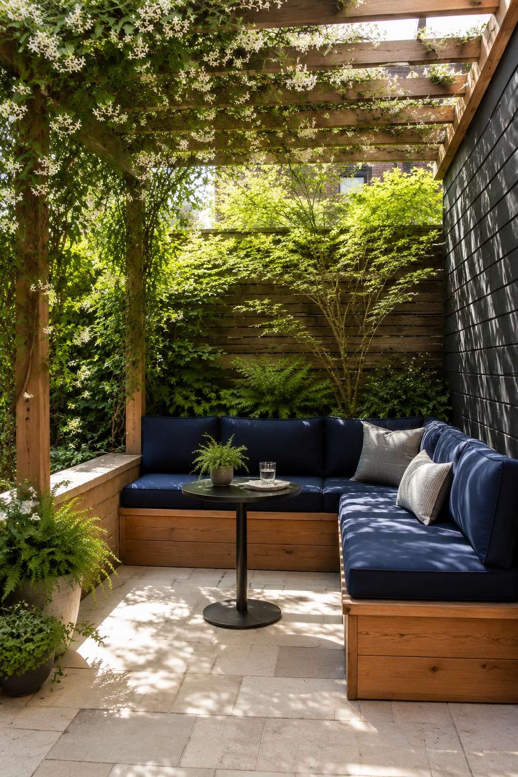 Built-In Banquette Seating Under a Jasmine-Covered Pergola