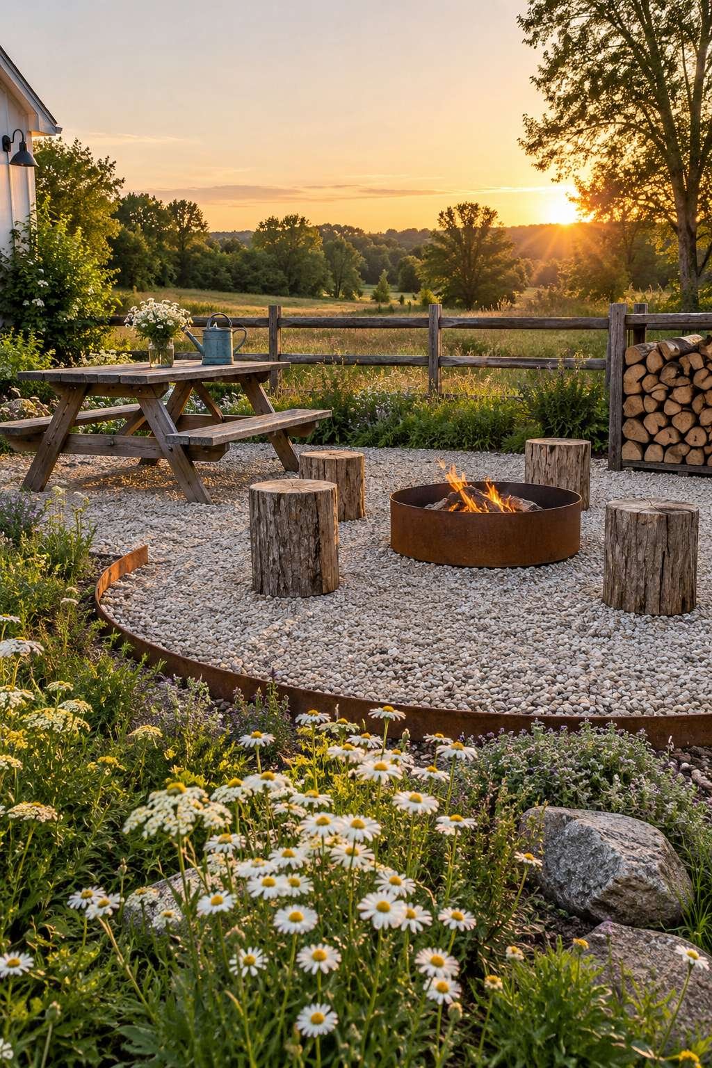 Rustic Farmhouse Fire Pit and Meadow