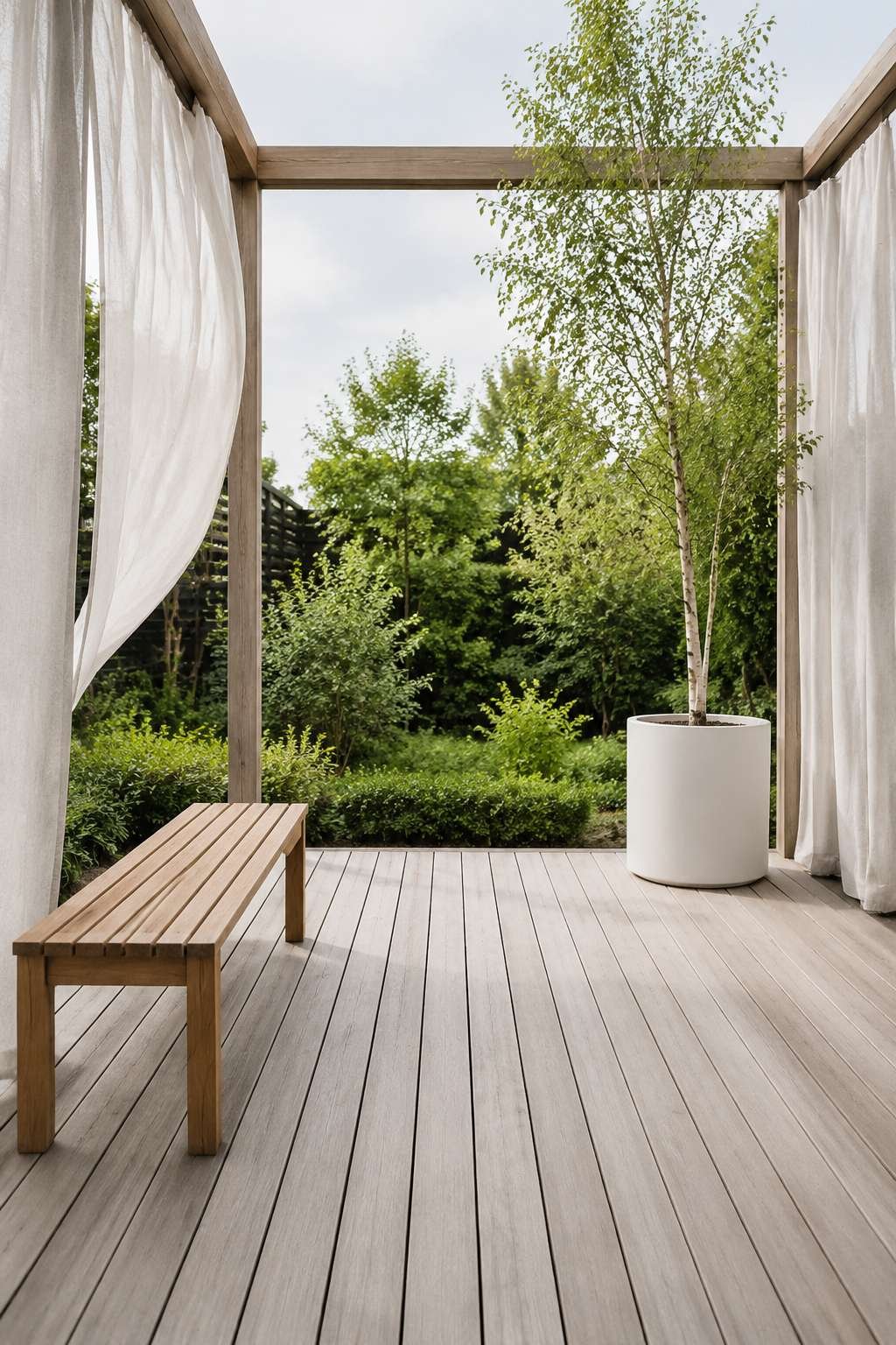 Scandinavian Minimalist Patio with Sheer Curtains