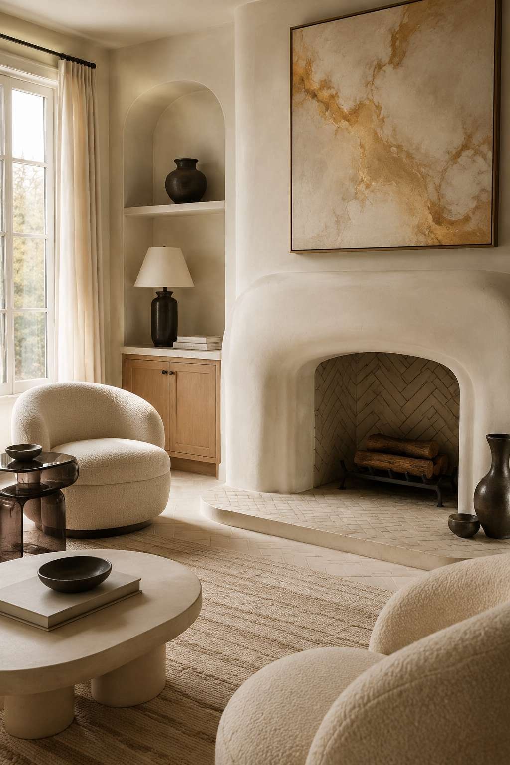 Sculptural Luxury: Plaster Fireplace and Boucle Accent Chairs