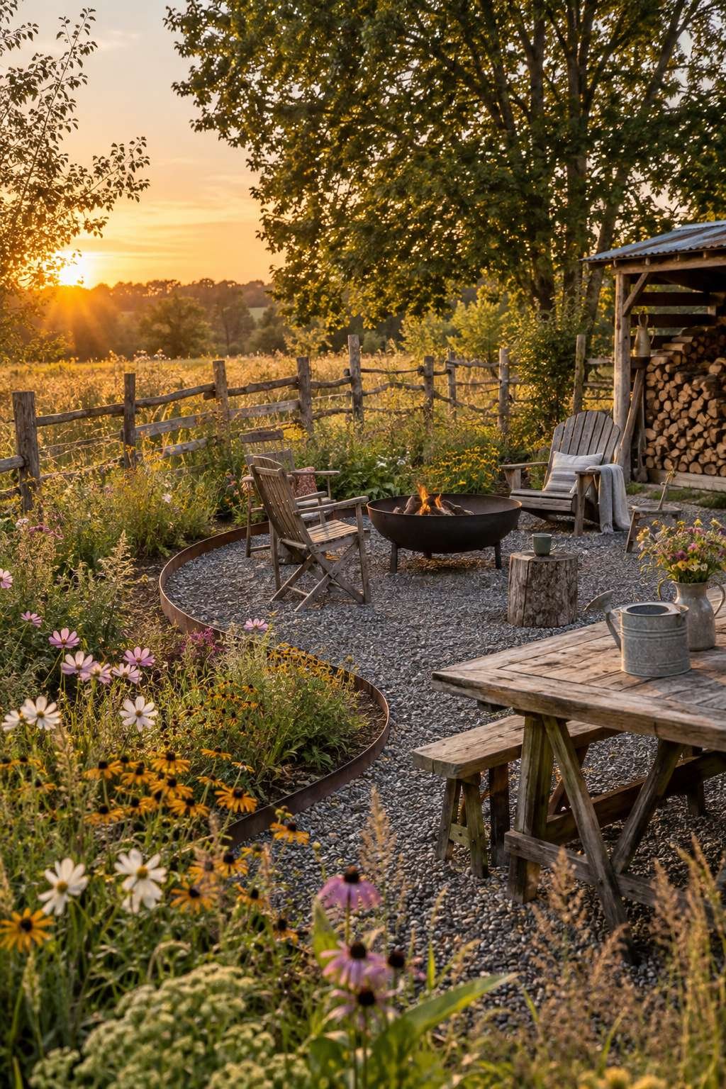 Rustic Farmhouse Fire Pit and Meadow