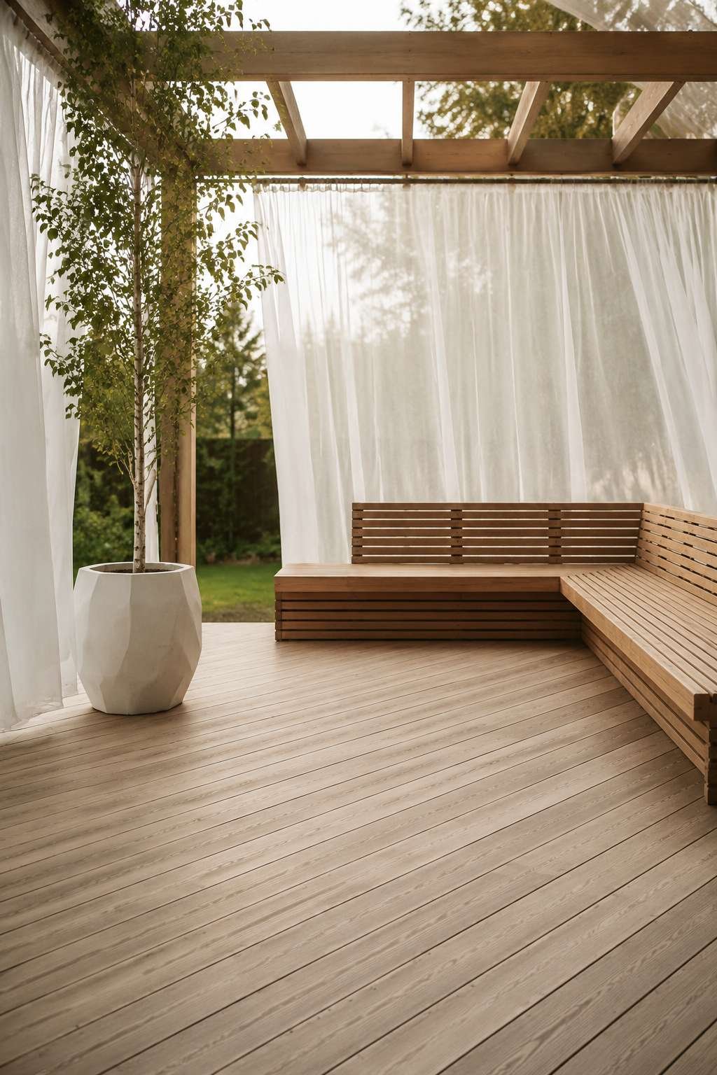Scandinavian Minimalist Patio with Sheer Curtains