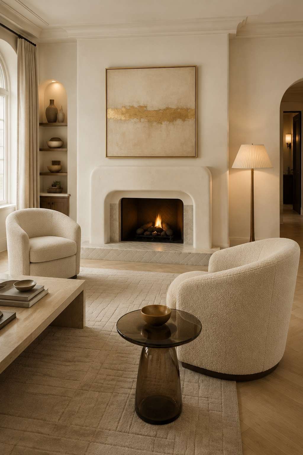 Sculptural Luxury: Plaster Fireplace and Boucle Accent Chairs
