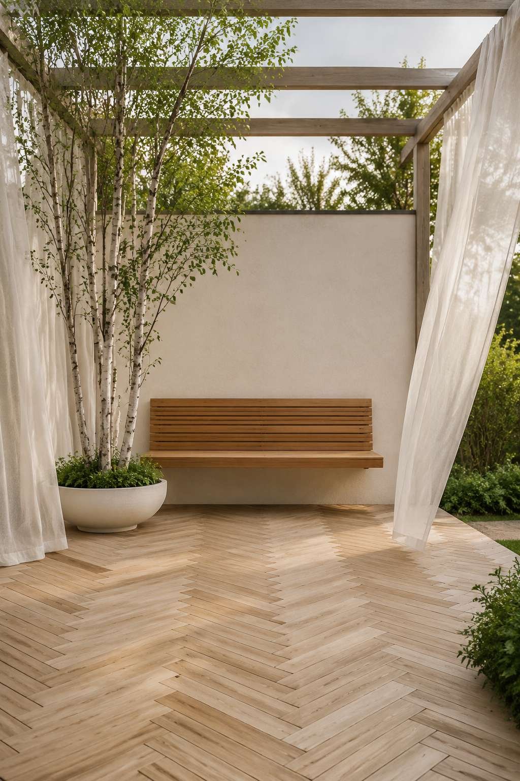 Scandinavian Minimalist Patio with Sheer Curtains