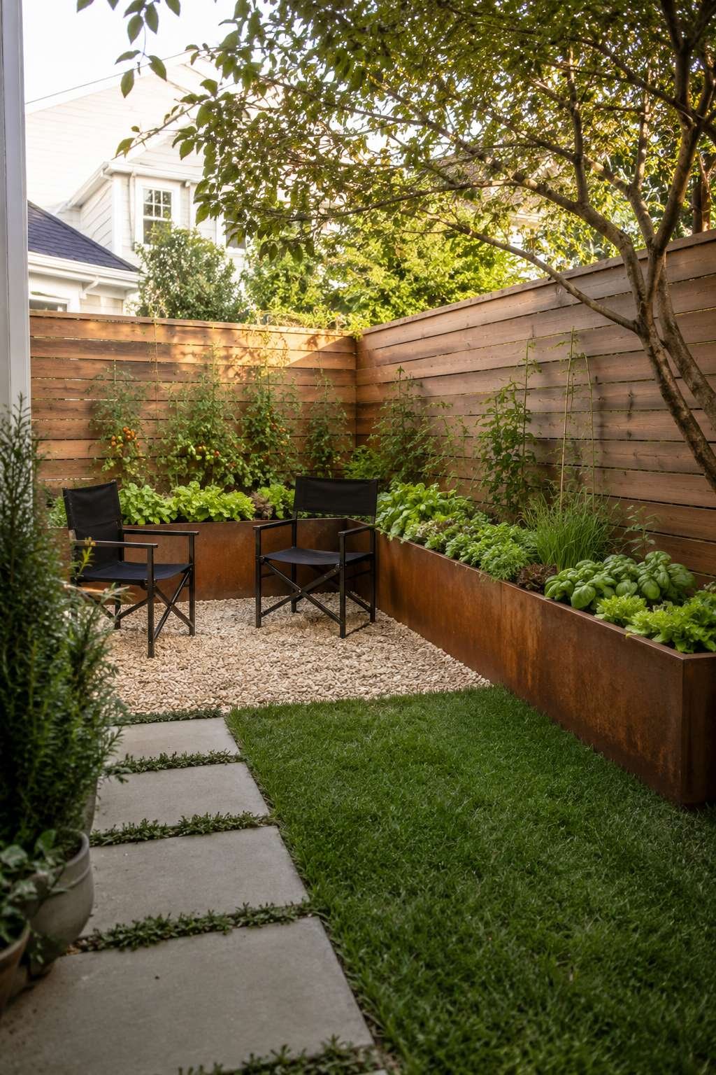 Corten Steel Raised Garden with Rustic Seating Nook