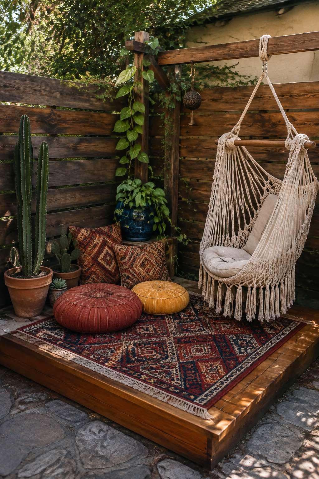 Bohemian Patio with Macramé Hammock and Layered Textiles