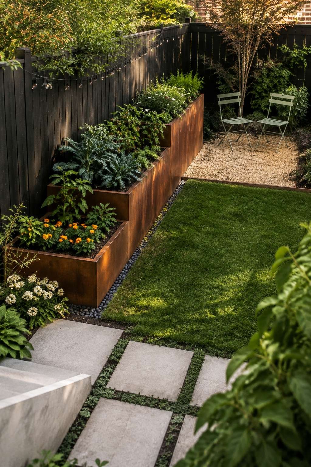Corten Steel Raised Garden with Rustic Seating Nook