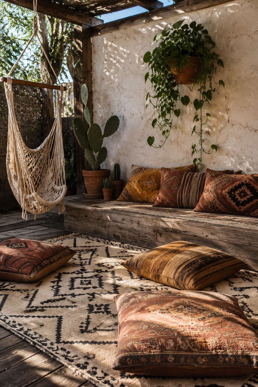 Bohemian Patio with Macramé Hammock and Layered Textiles