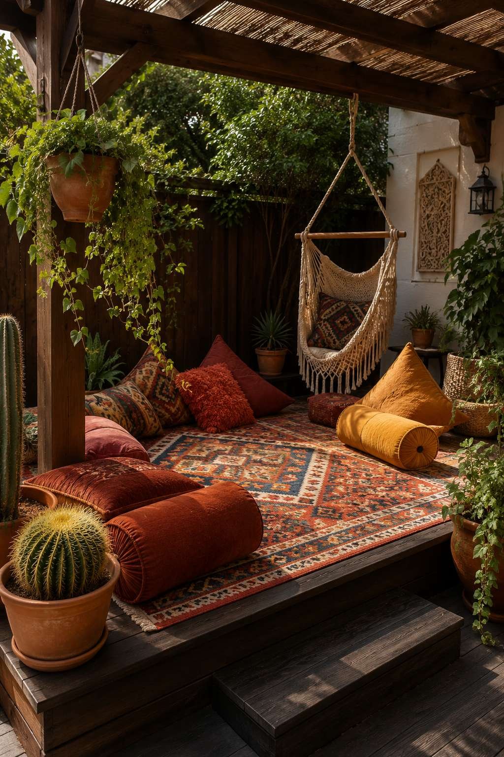 Bohemian Patio with Macramé Hammock and Layered Textiles