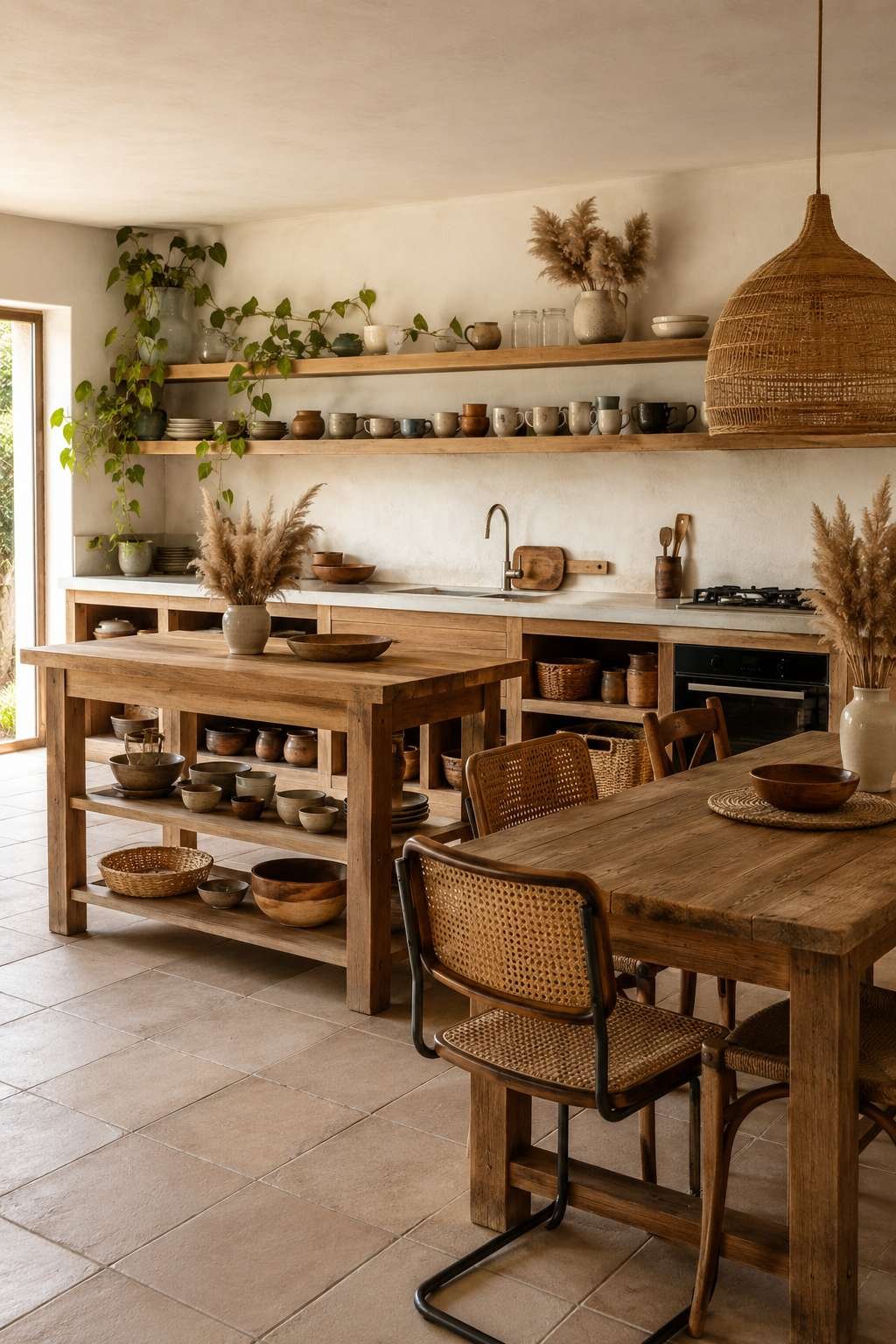 Bohemian Open Kitchen With Open Shelving and Natural Materials