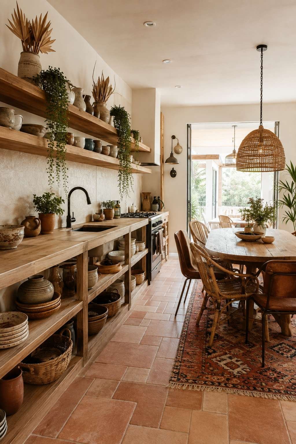 Bohemian Open Kitchen With Open Shelving and Natural Materials