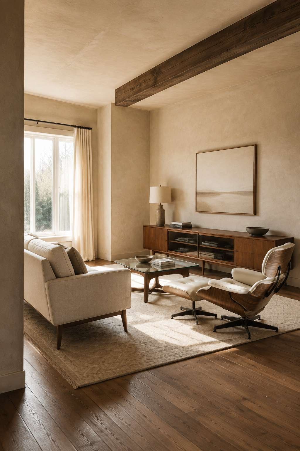 Mid-Century Refinement: Walnut Legs and Cream Wool Upholstery