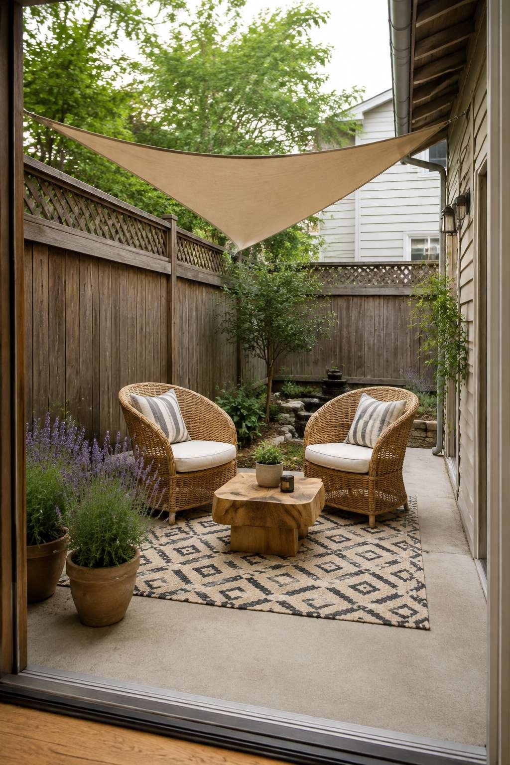 Rattan Conversation Area Under a Simple Shade Sail