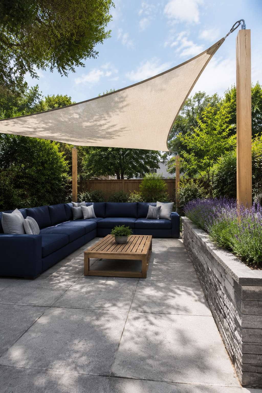 Entertainment Patio with Navy Sectional and Shade Sail