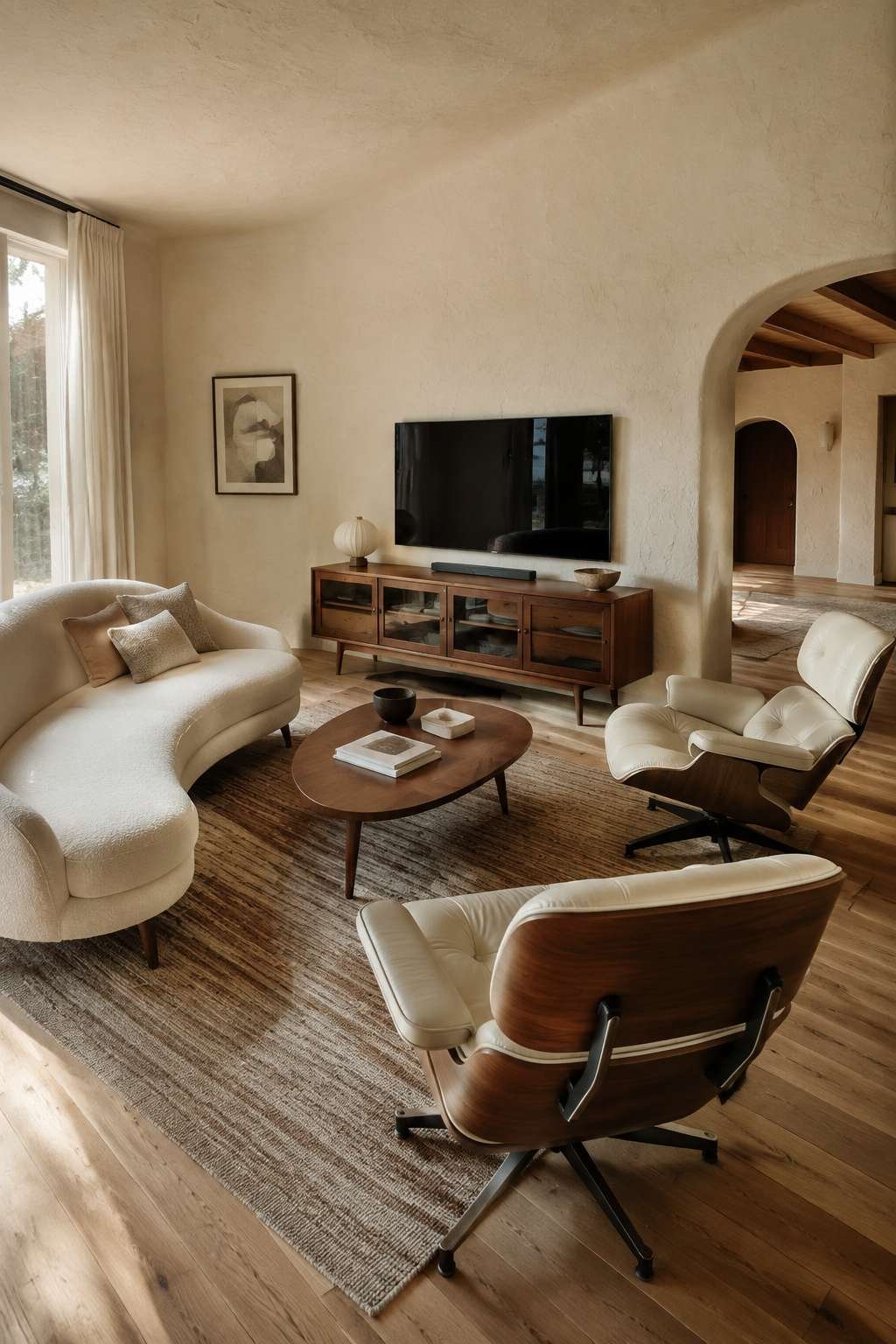 Mid-Century Refinement: Walnut Legs and Cream Wool Upholstery