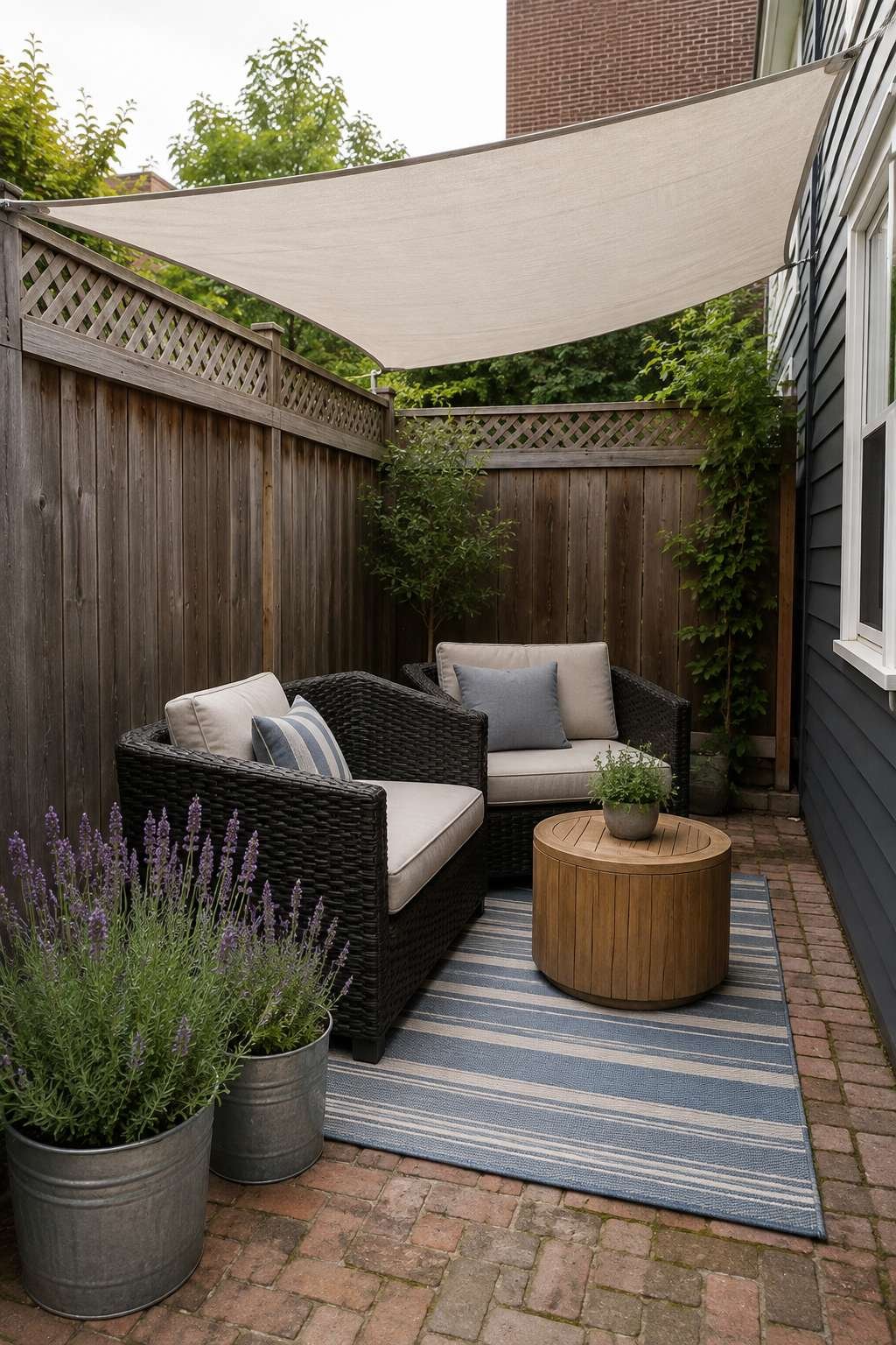 Rattan Conversation Area Under a Simple Shade Sail