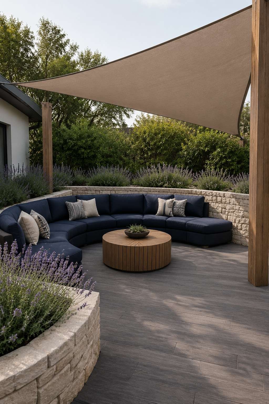 Entertainment Patio with Navy Sectional and Shade Sail