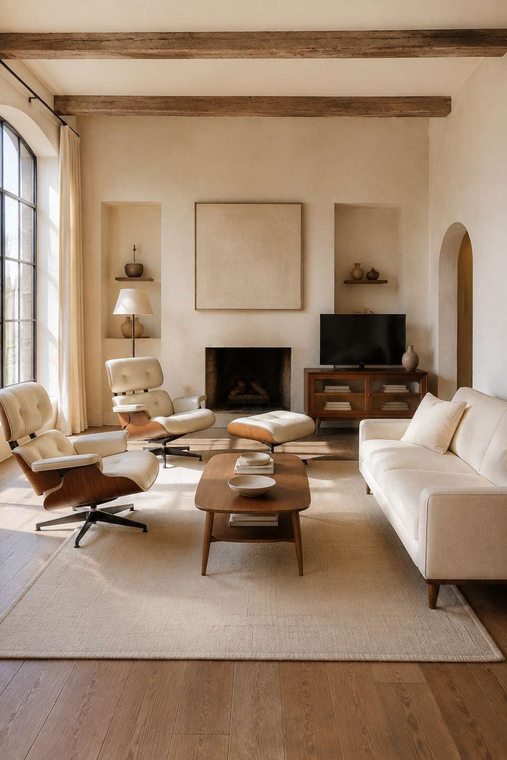 Mid-Century Refinement: Walnut Legs and Cream Wool Upholstery