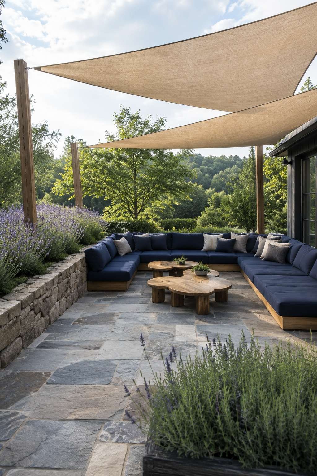 Entertainment Patio with Navy Sectional and Shade Sail