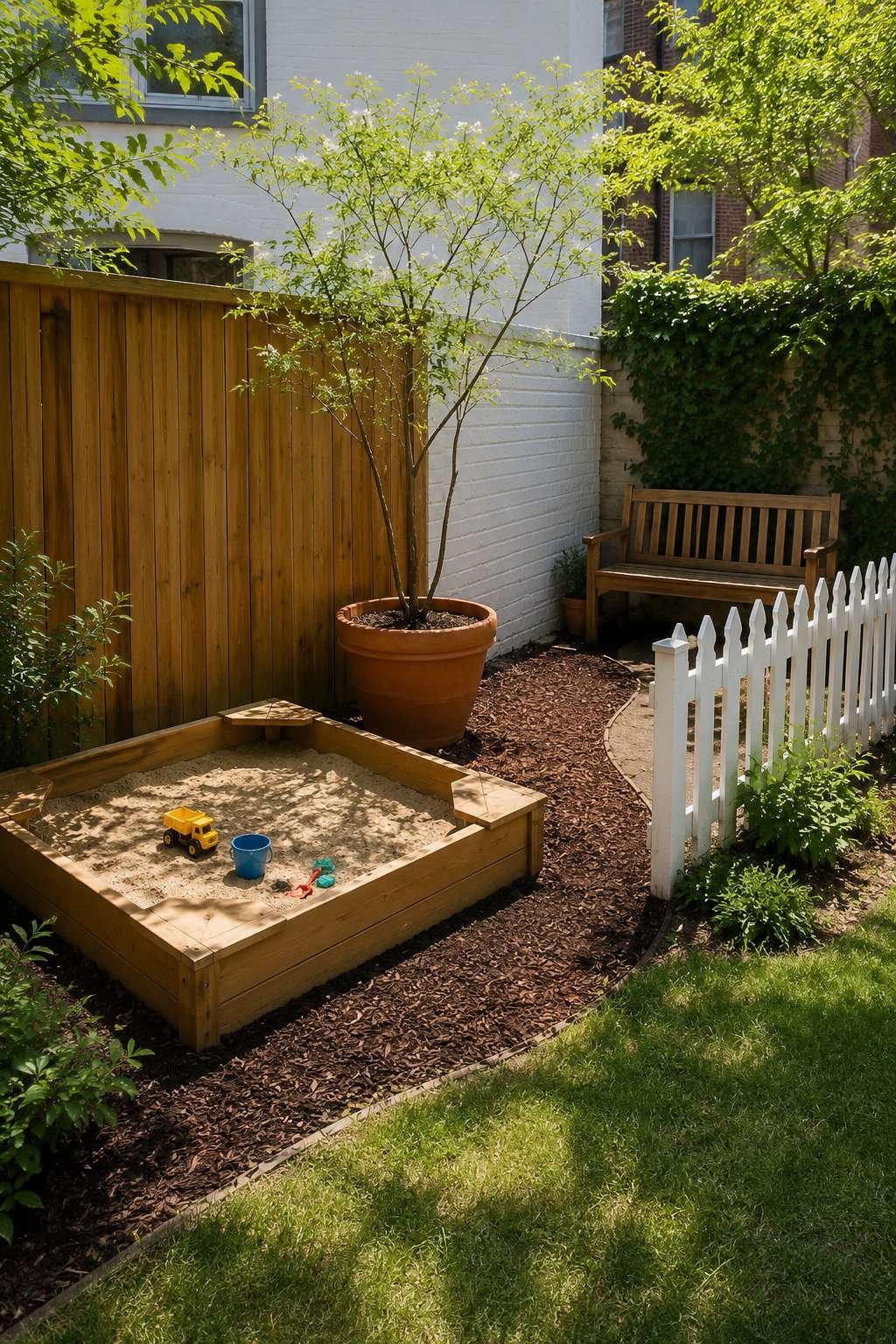 Cedar Sandbox Play Corner with Adjacent Seating Nook