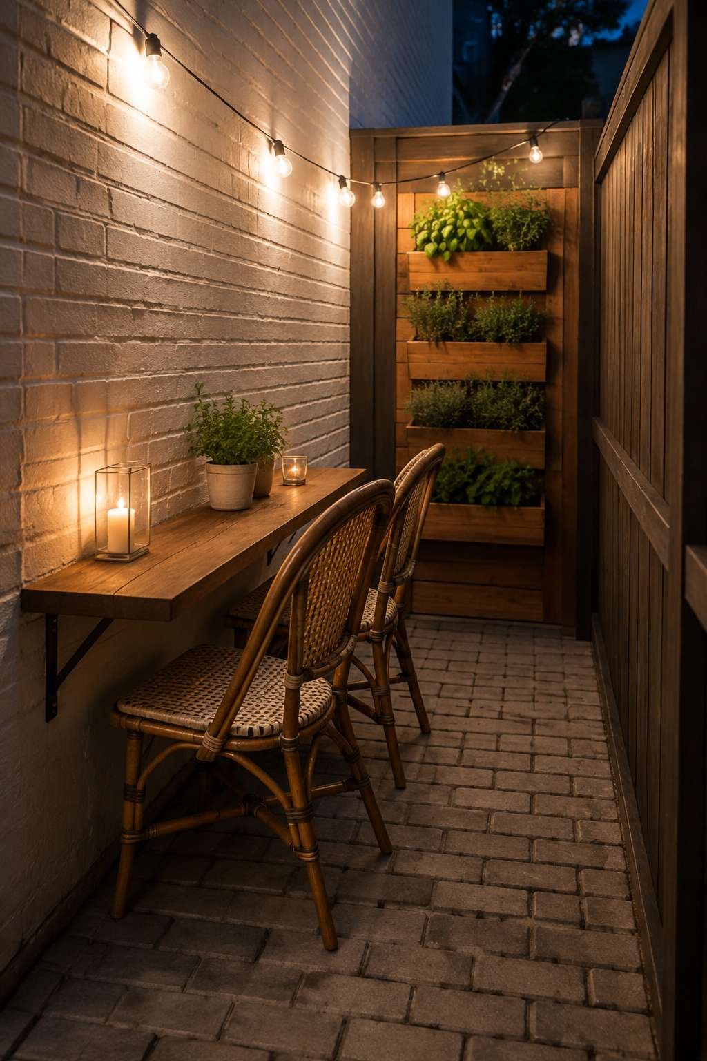 Narrow Side-Yard Dining Nook with String Lights