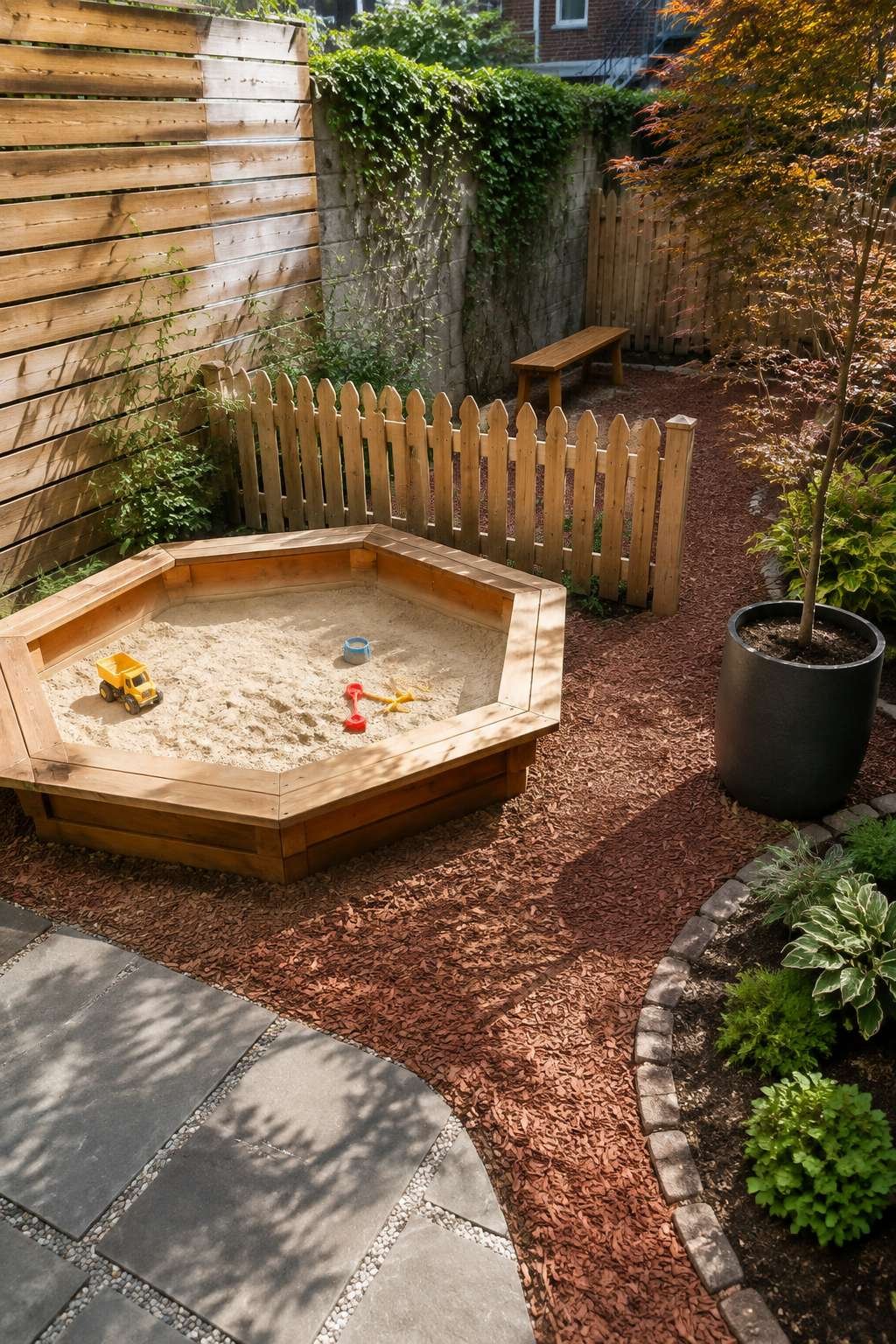 Cedar Sandbox Play Corner with Adjacent Seating Nook