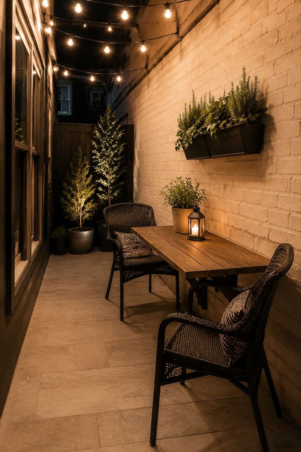 Narrow Side-Yard Dining Nook with String Lights