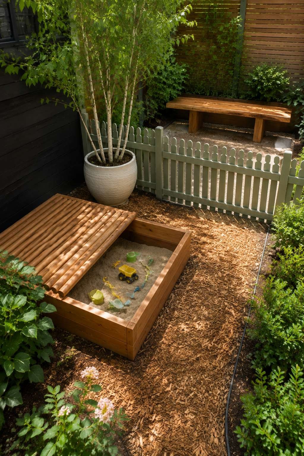 Cedar Sandbox Play Corner with Adjacent Seating Nook