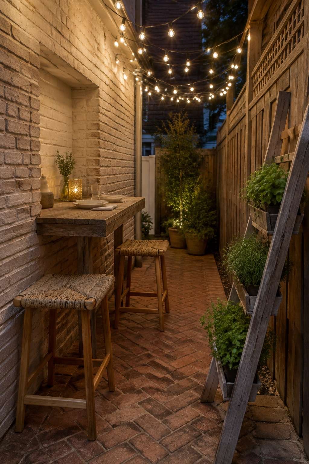 Narrow Side-Yard Dining Nook with String Lights
