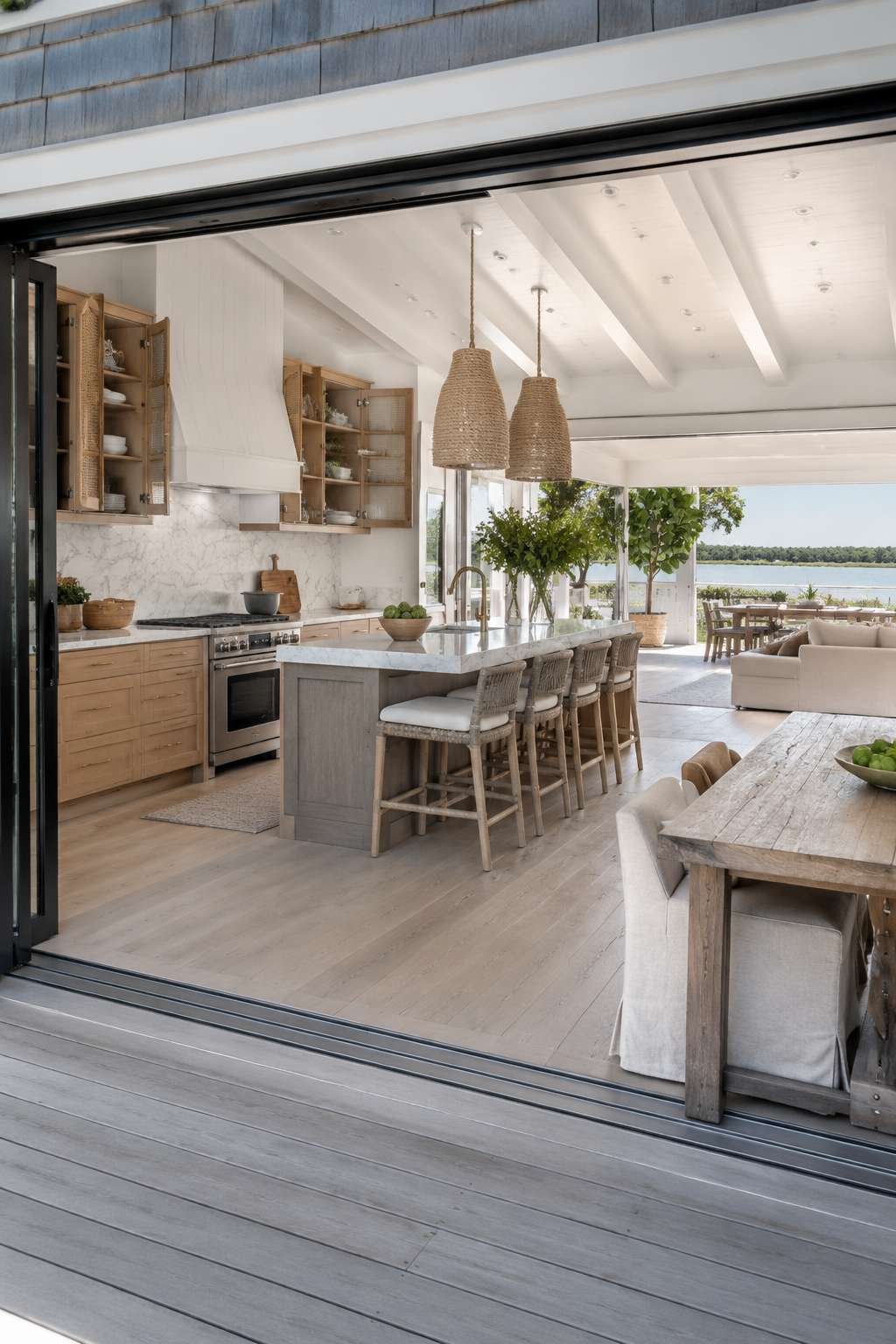 Coastal Open Kitchen Opening to Outdoor Deck