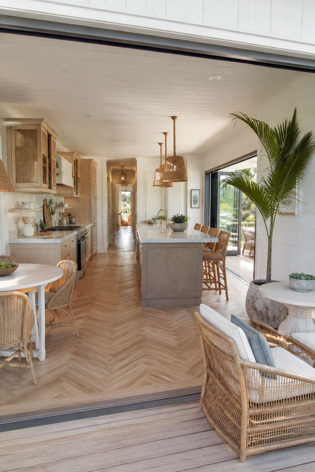 Coastal Open Kitchen Opening to Outdoor Deck
