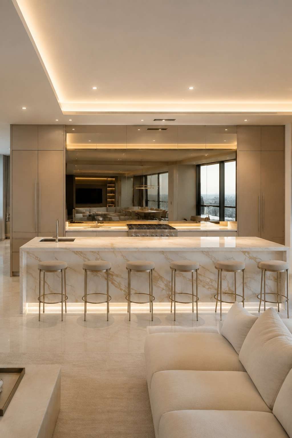 High-End Contemporary Open Kitchen With Mirrored Backsplash