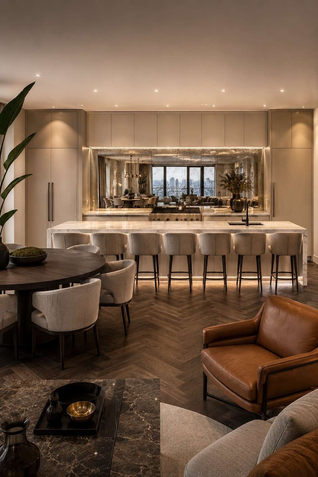 High-End Contemporary Open Kitchen With Mirrored Backsplash