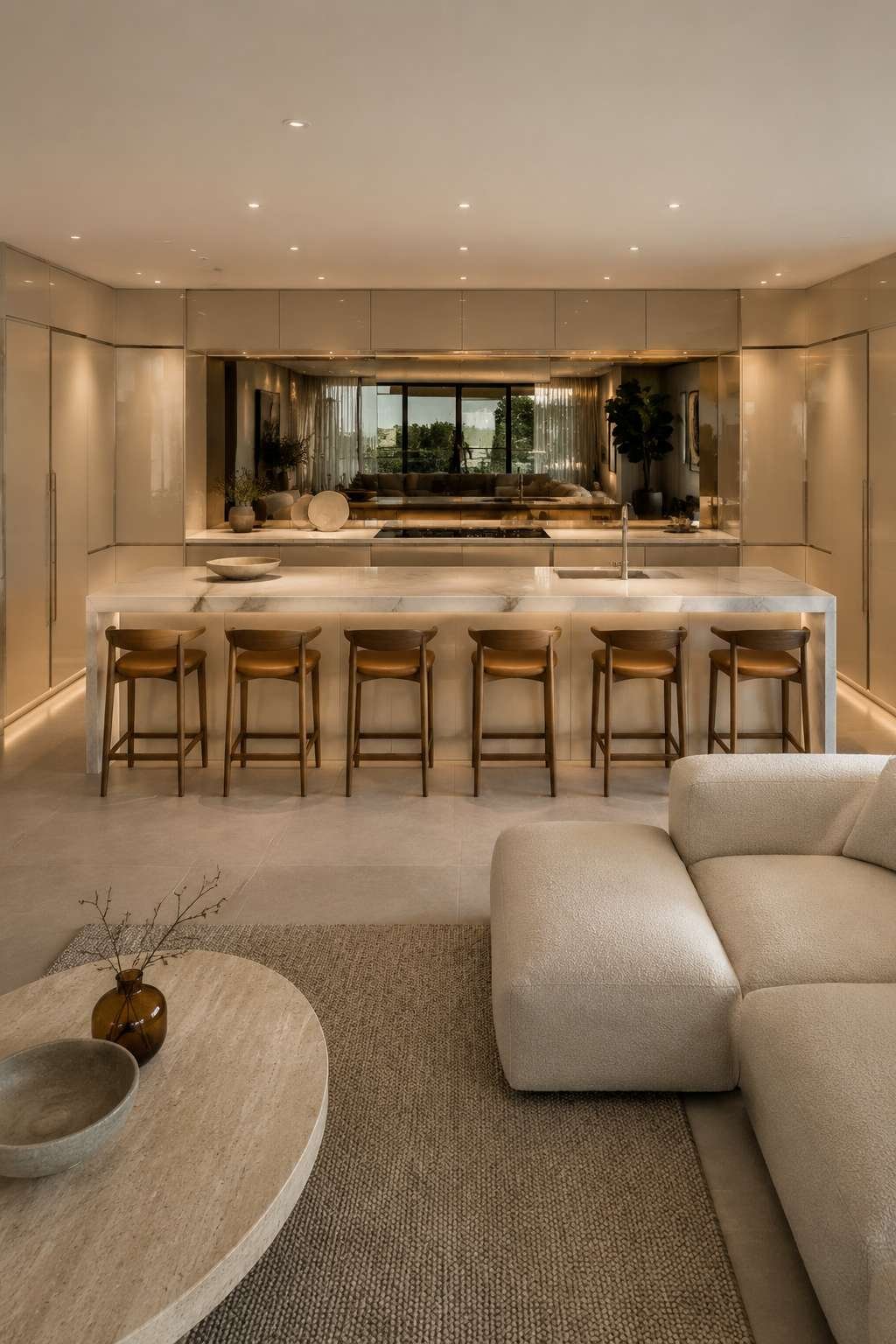 High-End Contemporary Open Kitchen With Mirrored Backsplash
