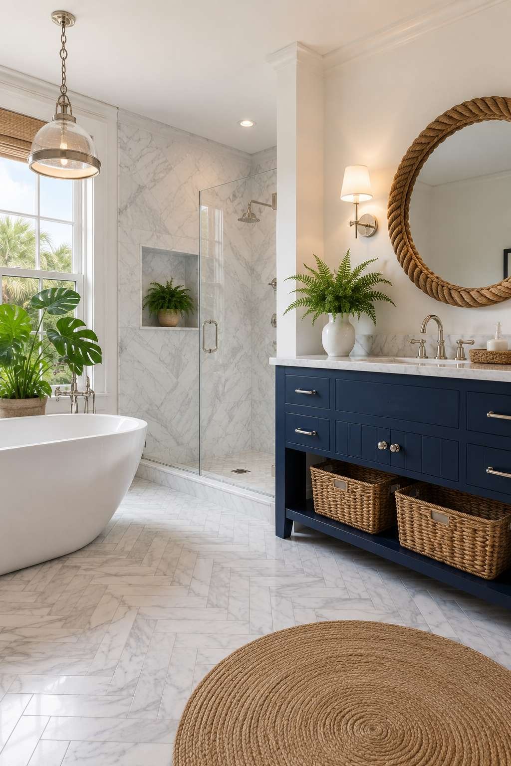 Coastal Confidence: Deep Navy Cabinetry with Carrara Marble