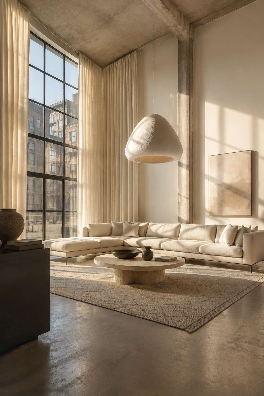 Industrial Scale, Cream Warmth: Loft Living with Plaster Pendants