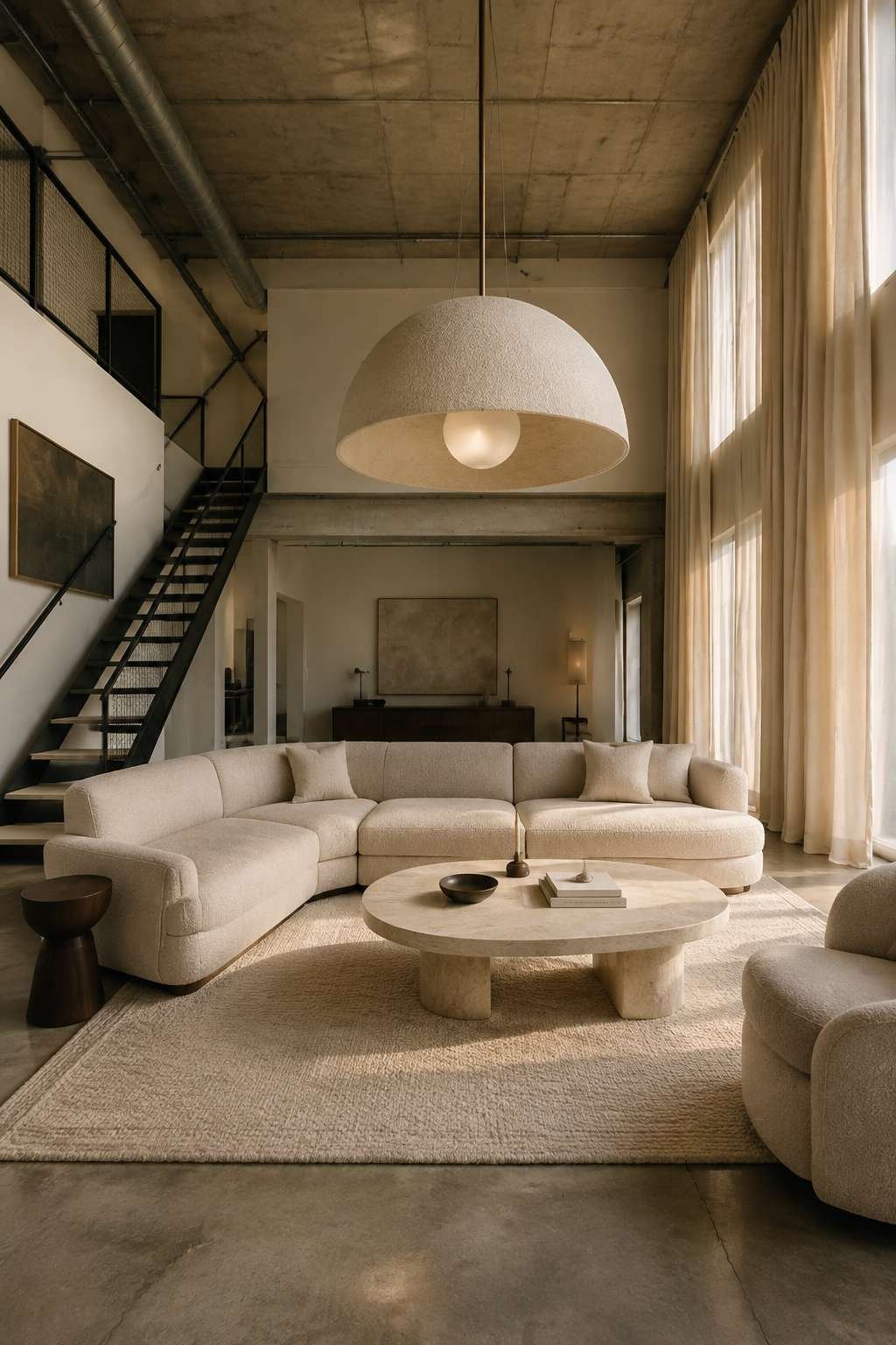 Industrial Scale, Cream Warmth: Loft Living with Plaster Pendants