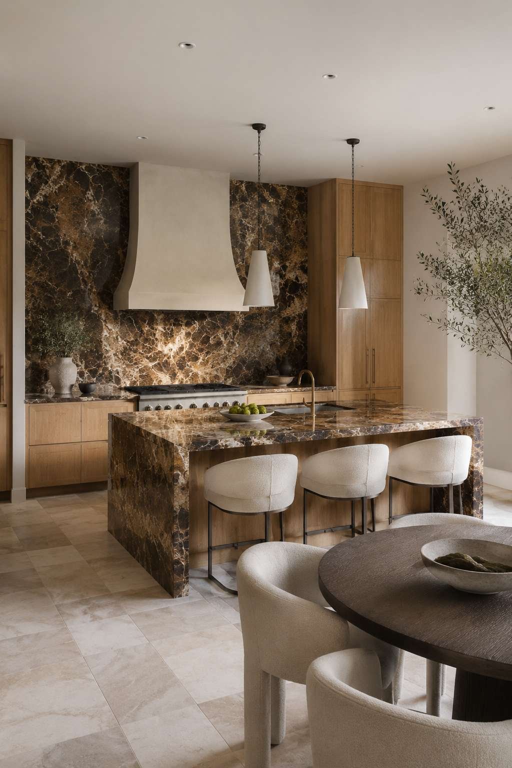 Bookmatched Marble Statement Open Kitchen