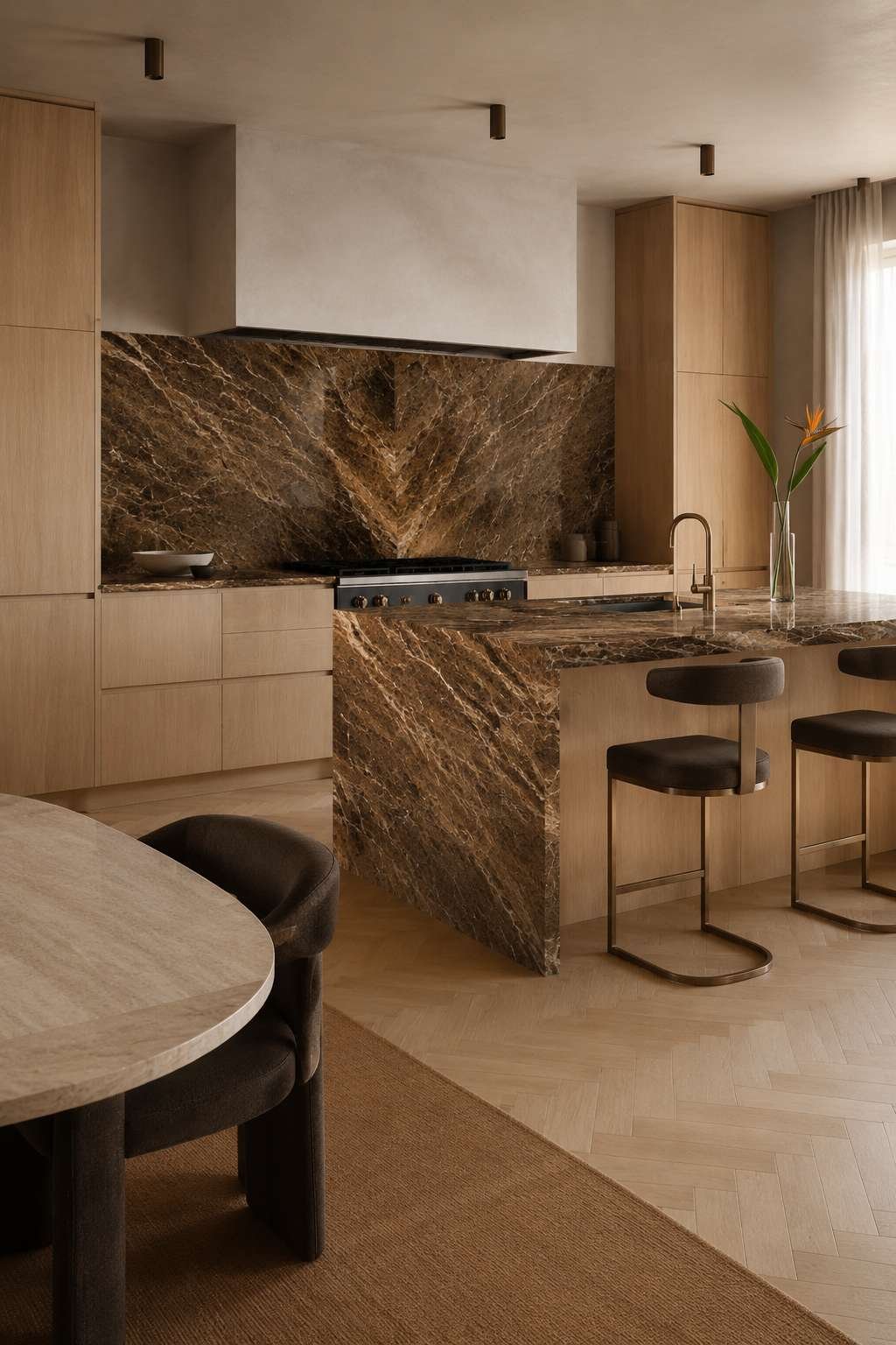 Bookmatched Marble Statement Open Kitchen