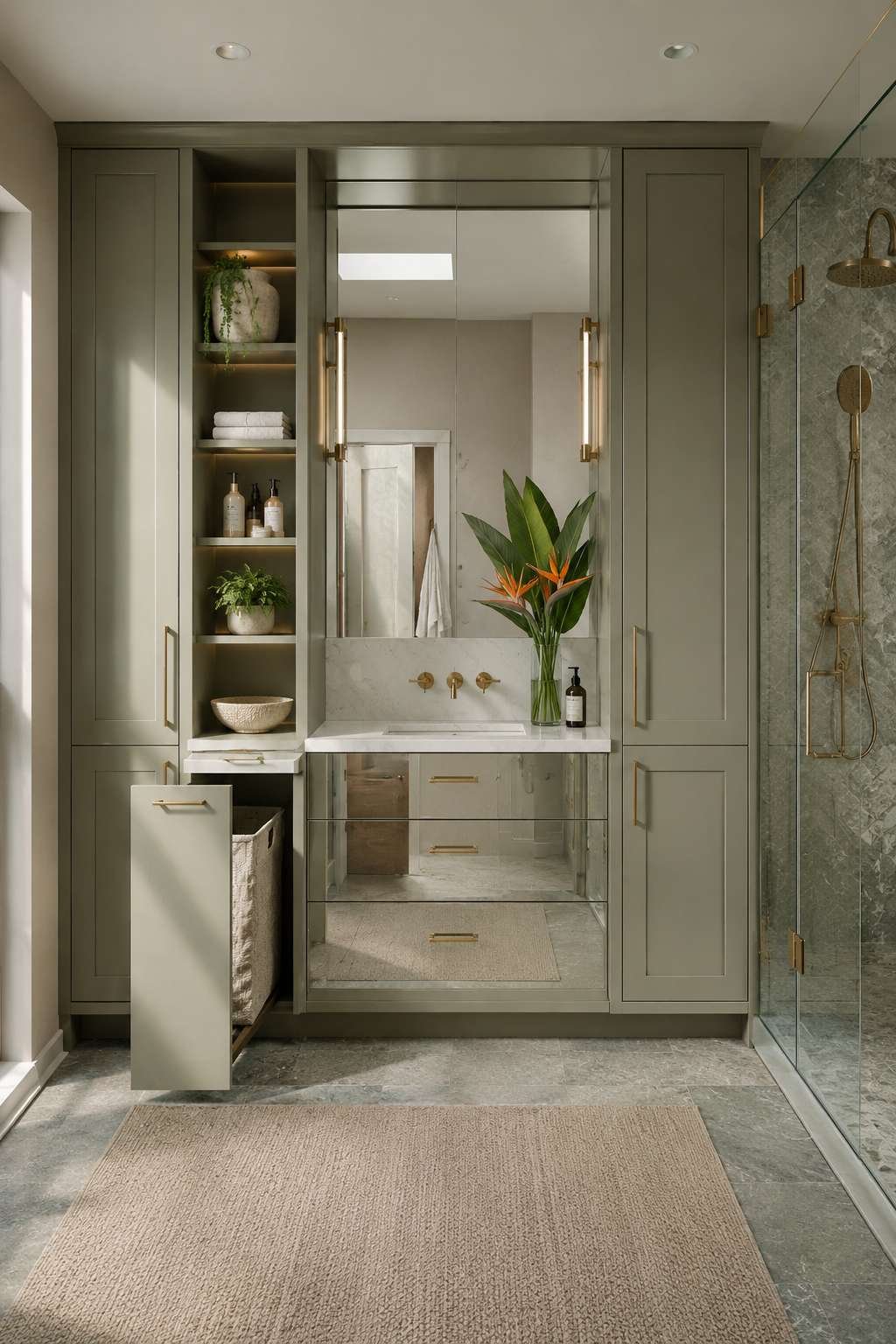 Organised Elegance: Sage Green Vanity Tower with Integrated Storage